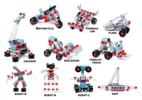  take apart toys featuring multiple buildable models, including motorcycle, formula car, plane, bulldozer, and robot figures