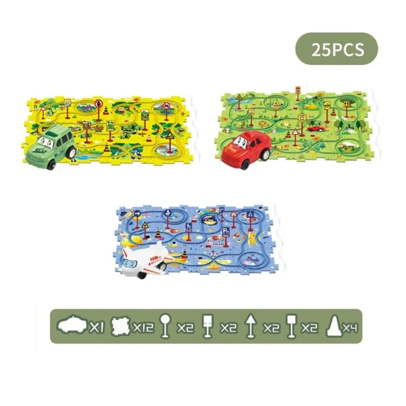 Three colorful road map puzzles with toy vehicles and road signs, designed for children’s interactive play