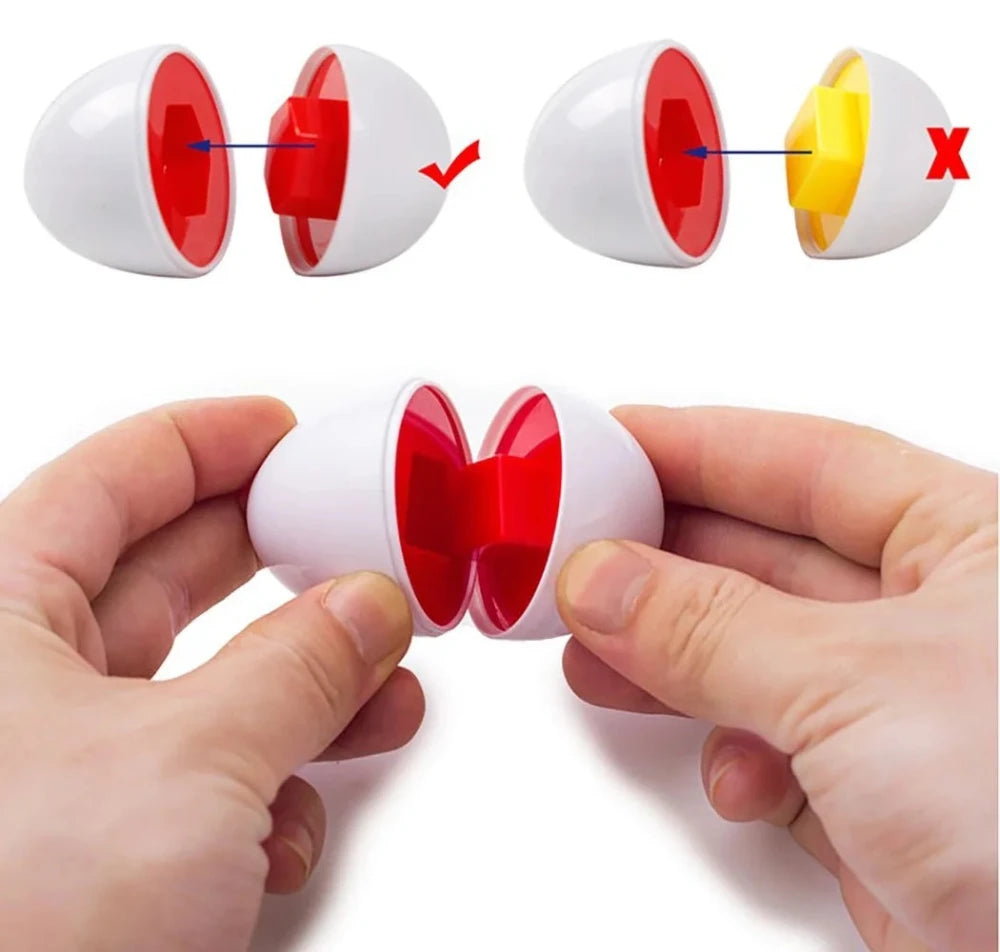 Toddler puzzle eggs toy set featuring various bright colors and shapes for educational play.