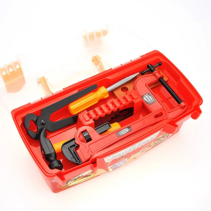 Toy tool box playset opened to reveal pretend tools like screwdriver, wrench, and pliers, ideal for kids
