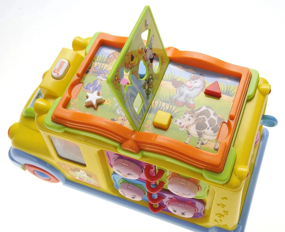 Top view of a learning school bus toy with a shape sorter and animal illustrations for educational fun.