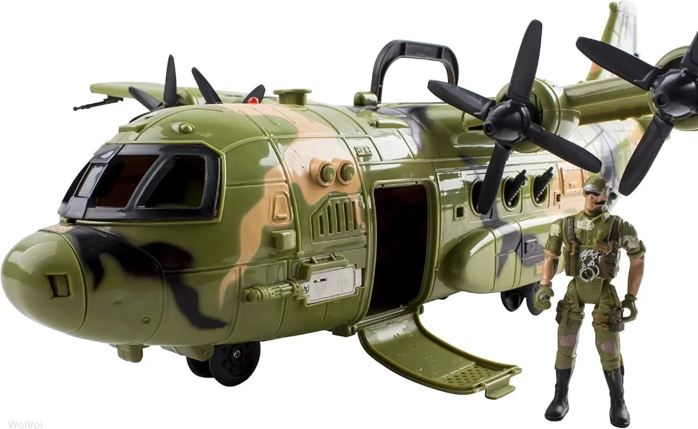 Toy military airplane with soldier action figure, showcasing realistic details and openable cargo doors - a military aircraft toy for kids