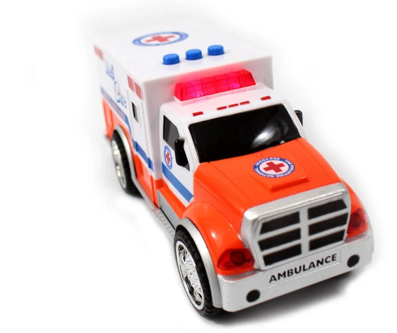 Front view of a toy ambulance truck with realistic design and emergency decals