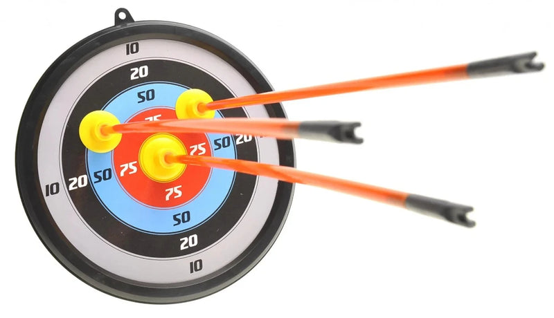 "Close-up of toy arrows hitting target board in kids archery set - fun for children's play.