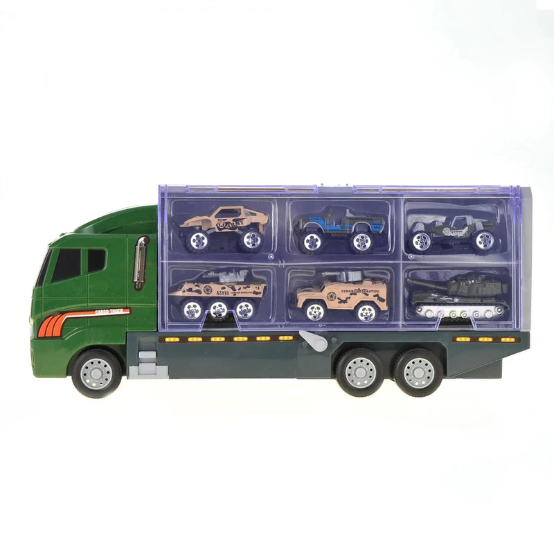 Side image of toy auto transport truck featuring military-style toy vehicles