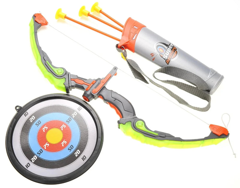 Kids toy bow and arrow set featuring target, quiver, and light-up bow – safe archery play for children