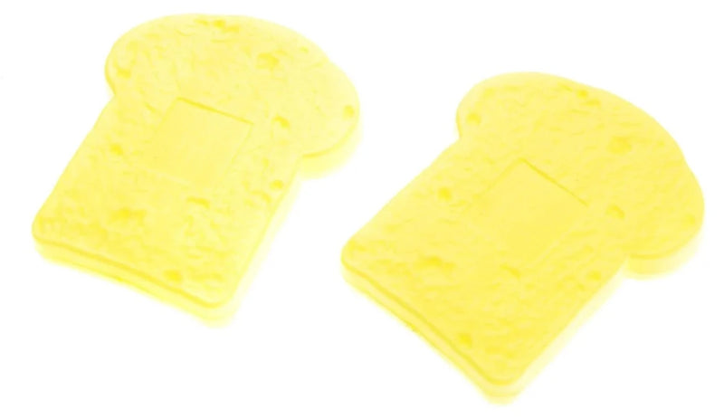 Two yellow toy bread slices for pretend cooking and play in children's kitchen sets