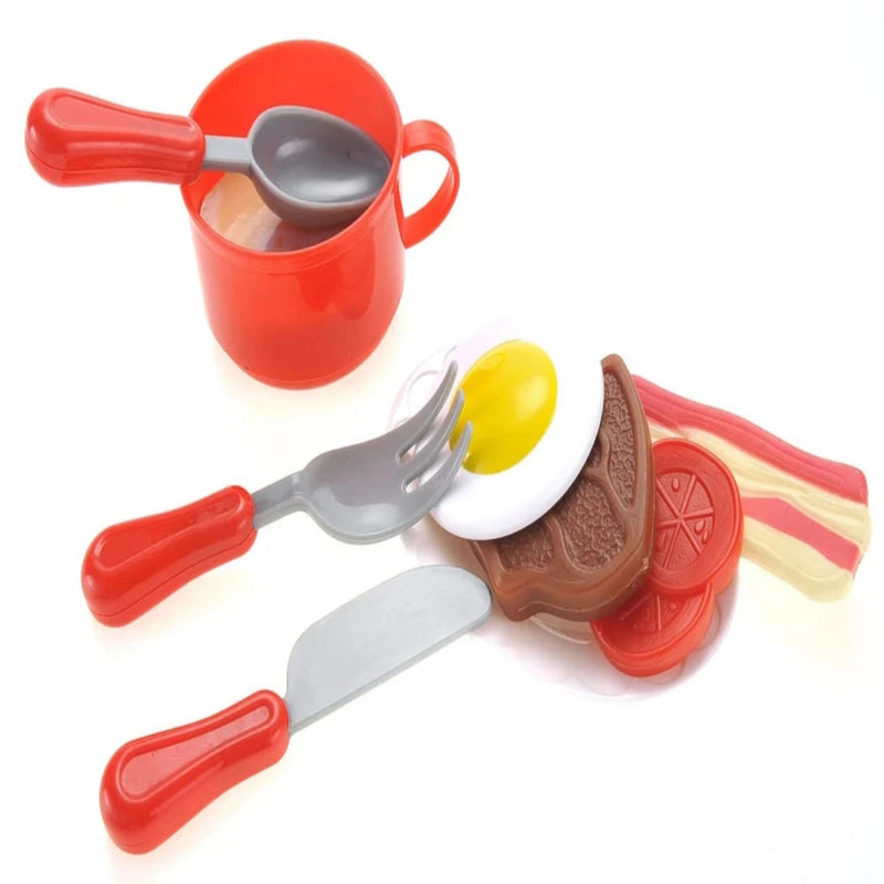 Pretend play food accessories including egg, steak, and tomato with utensils for breakfast playset