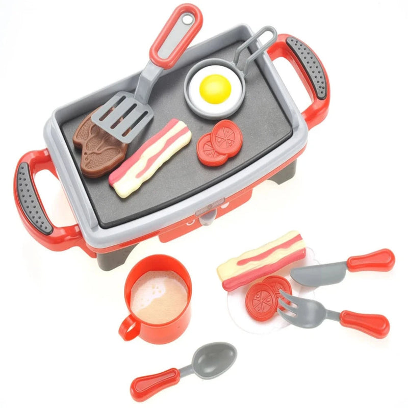 Kids toy breakfast stove playset with pretend food items, spatula, and frying accessories