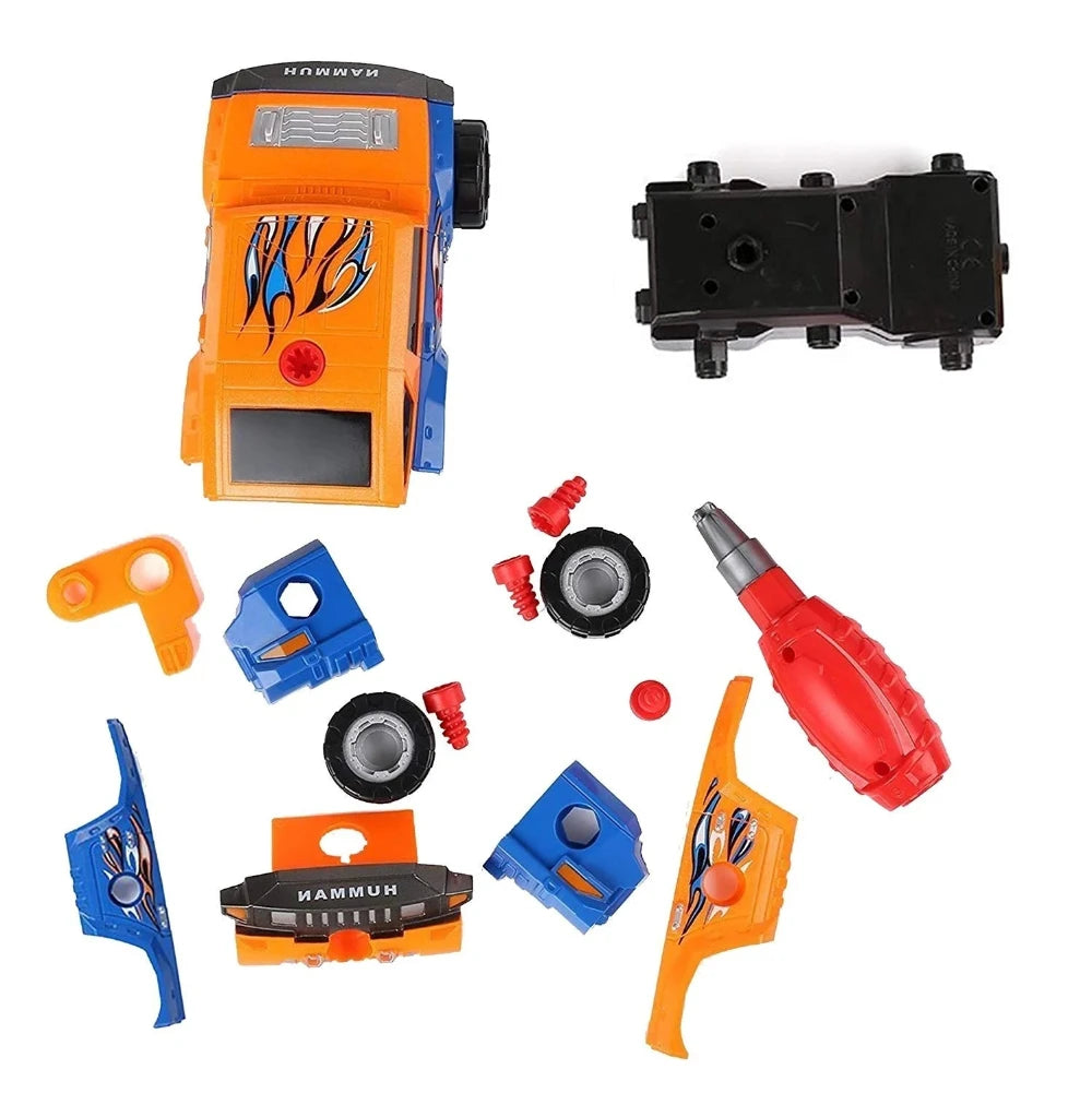 Toy car assembly kit with interchangeable parts including wheels, hood, and drill tool
