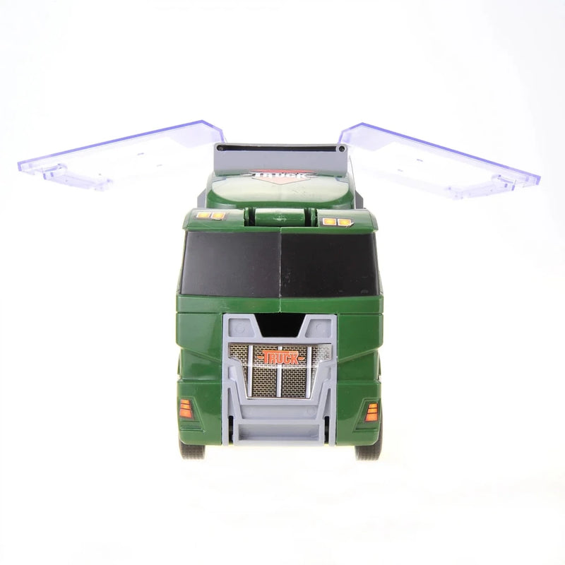Front view of the toy car carrier truck, showing the cab and extended storage compartments.