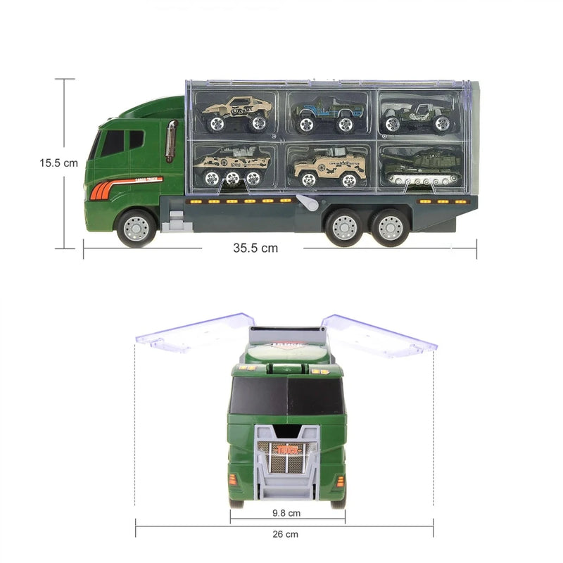 Full view of toy car carrier loaded with toy cars, perfect for kids interested in transport trucks.