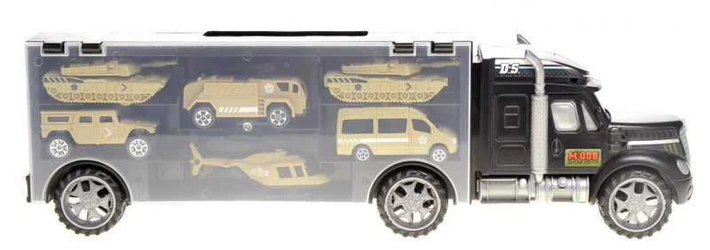 Side view of toy car transporter filled with military vehicles, enhancing role-play activities.