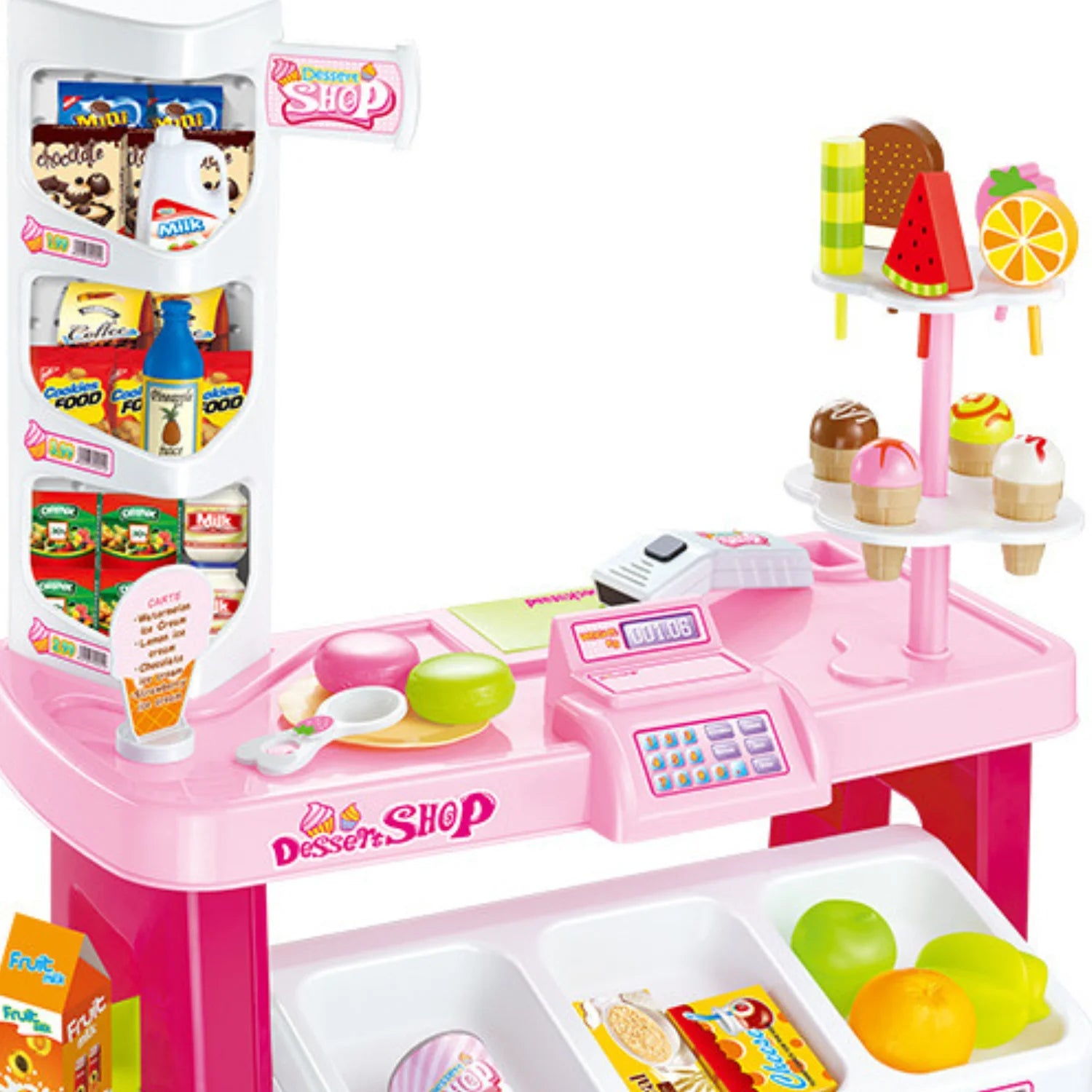 Close-up view of the toy cash register and dessert shop playset for kids.