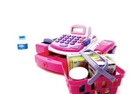  Complete toy cash register set with a pink basket of toy groceries and accessories for imaginative play.