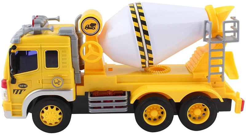 Side view of toy cement mixer truck with rotating drum and durable wheels, ideal for imaginative play.