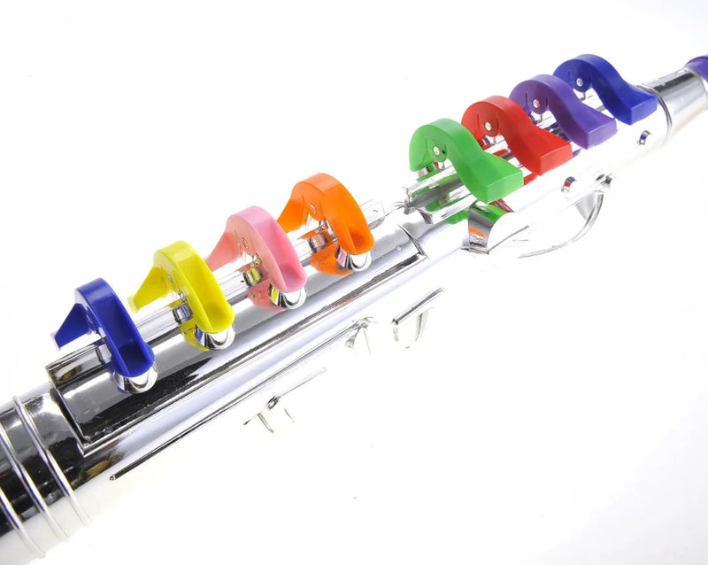 Toy clarinet with rainbow-colored keys, great for introducing kids to music