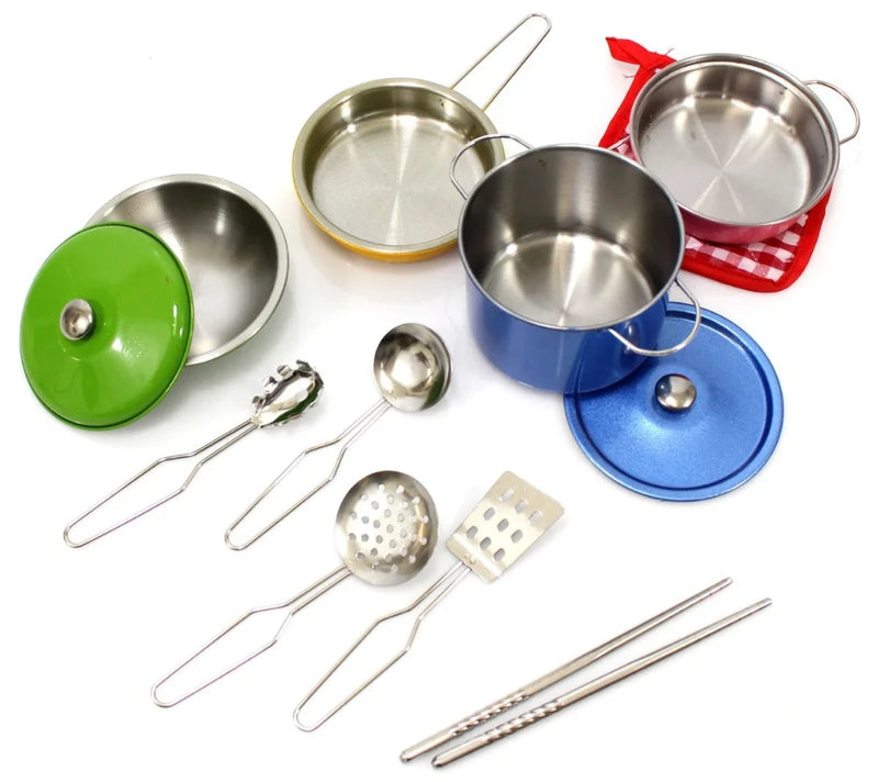 Pretend play cookware set with metal pans, colorful lids, and a selection of utensils, perfect for children's kitchen role-play
