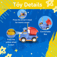 Toy details showing the remote control dump truck’s features: convertible box, sound activation, and starting wheel.