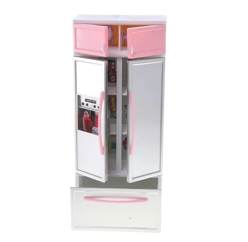 Toy double-door refrigerator with ample storage space and pink handles.