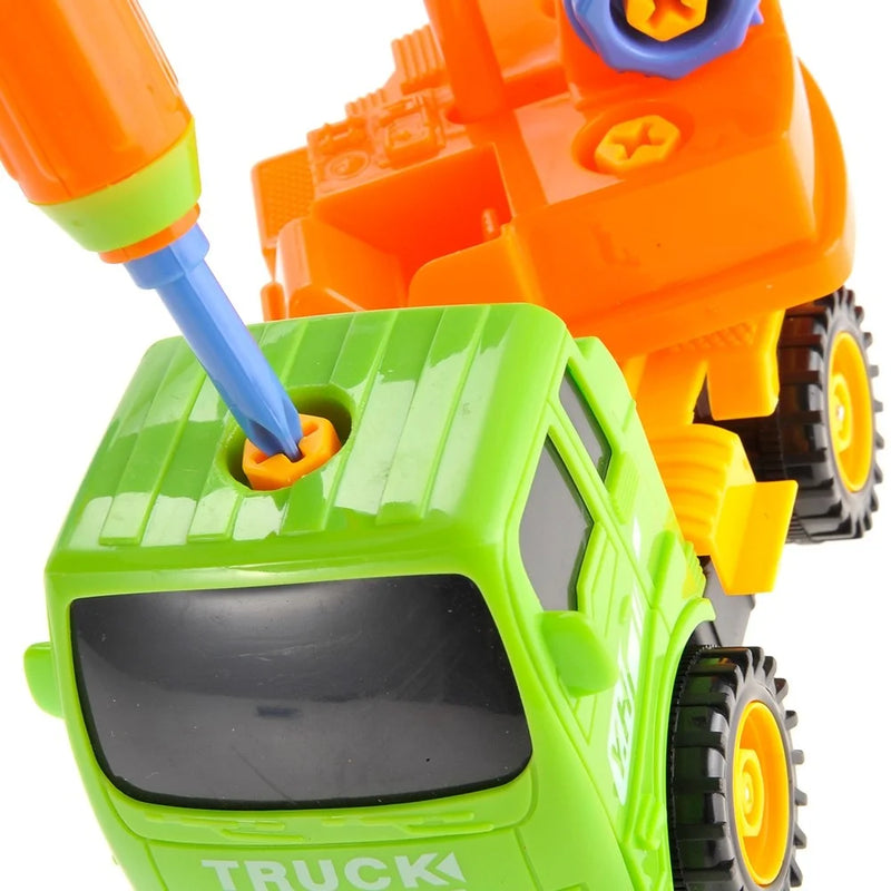 Front view of assembling the excavator toy truck with a screwdriver, promoting hands-on learning for kids.