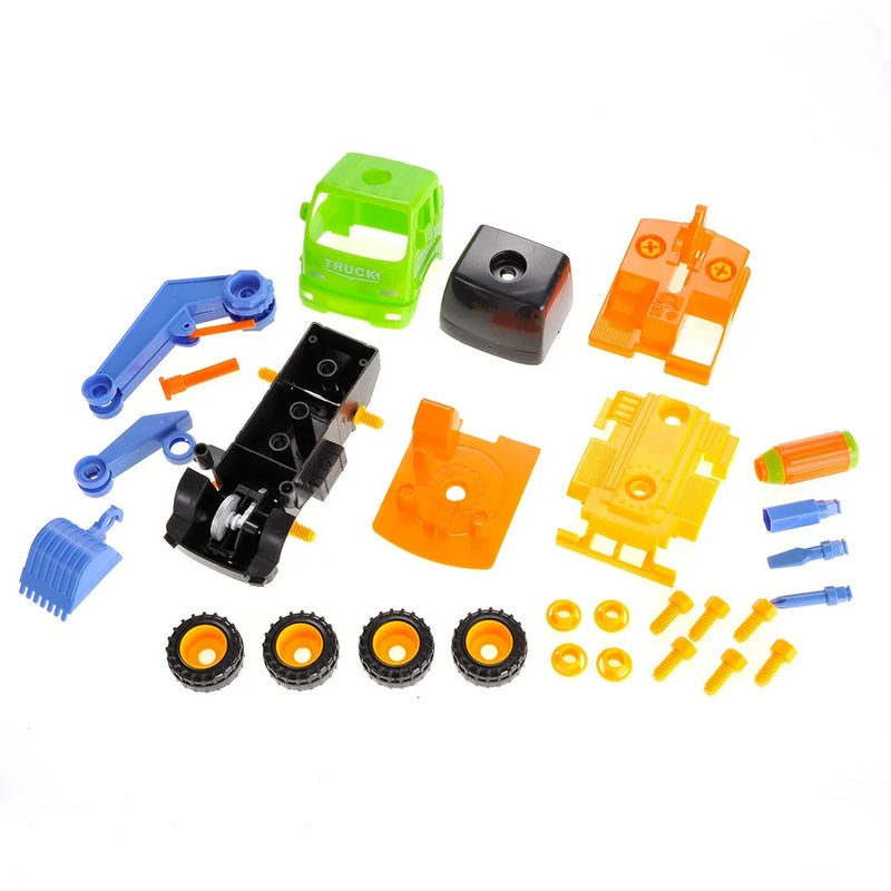 Disassembled parts of a toy excavator truck, perfect for hands-on play and learning
