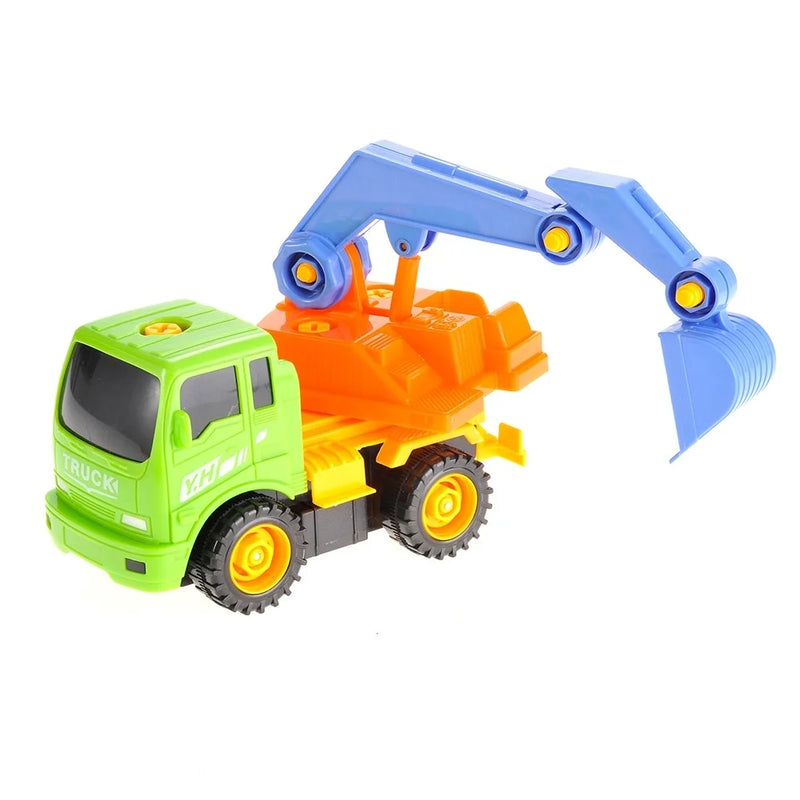 Side view of the toy excavator truck, showing its sturdy build and colorful design.