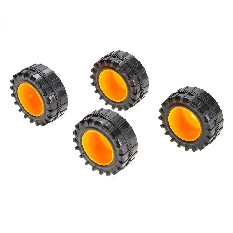 Set of four wheels for a toy excavator truck, included in a take-apart toy construction set.