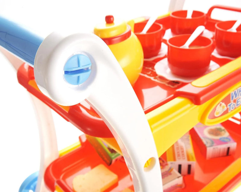 Close-up of the handle on a kids' toy food cart with teapot and cups, designed for pretend play