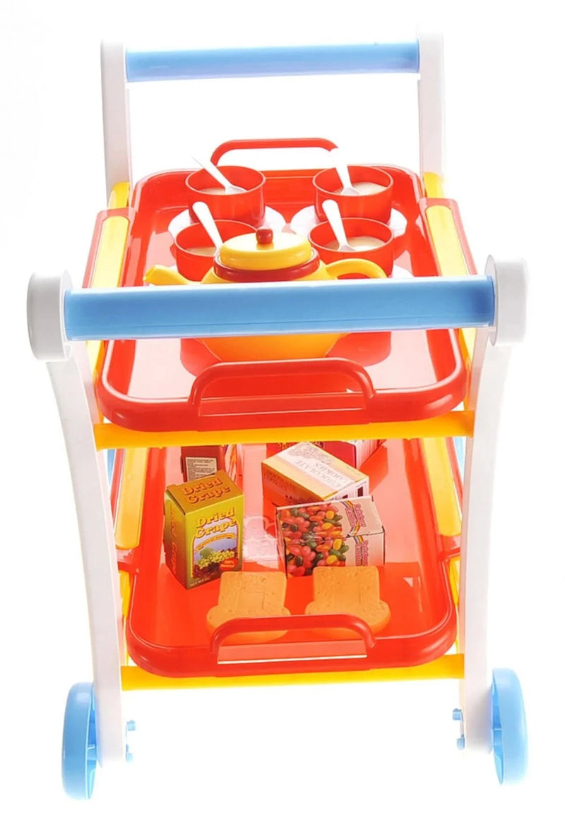 Kids' two-level food cart with a tea party set on the top shelf and pretend grocery items on the bottom