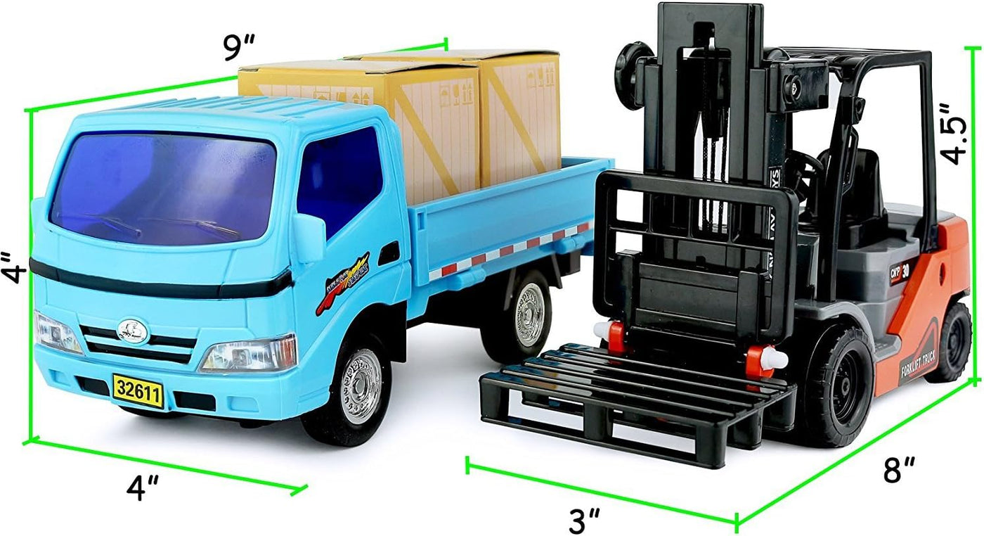 Children's forklift and truck toy set with size dimensions, ideal for kids’ construction-themed play.