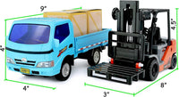 Children's forklift and truck toy set with size dimensions, ideal for kids’ construction-themed play.