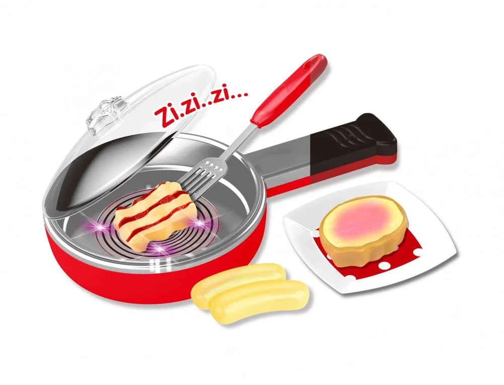 Toy frying pan with sizzling sound effect for pretend cooking play