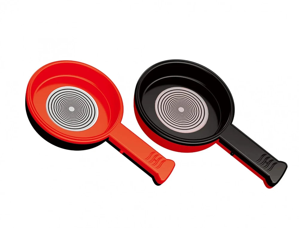Toy frying pans set in black and red, ideal for play kitchen activities