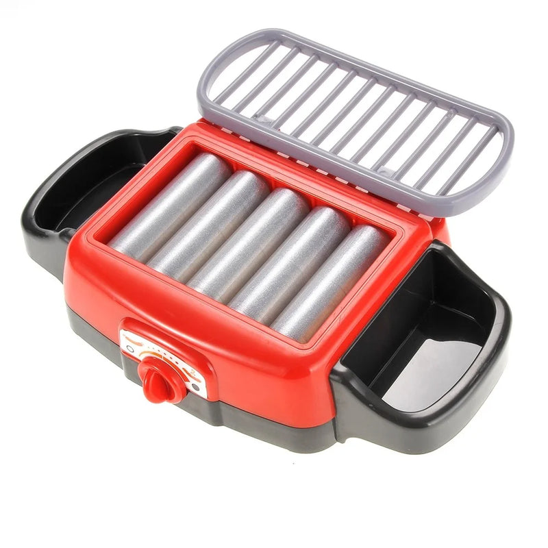 Open grill view of the toy hotdog set, showing the silver rollers and grilling surface
