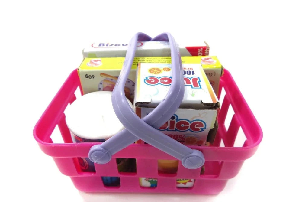 Pink toy grocery basket filled with toy food boxes and bottles, ideal for kids' pretend shopping play