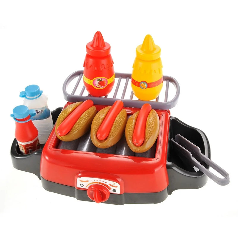 Toy hotdog grill playset featuring hotdogs on grill, condiment bottles, and drink bottles.