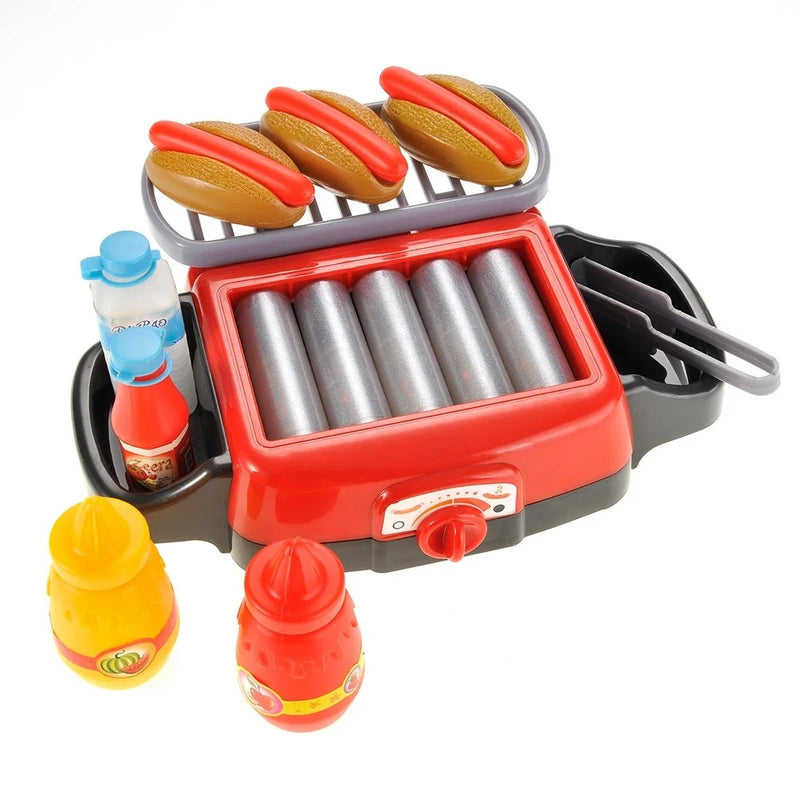 Complete toy hotdog grill playset with hotdogs, condiment bottles, and grilling tray