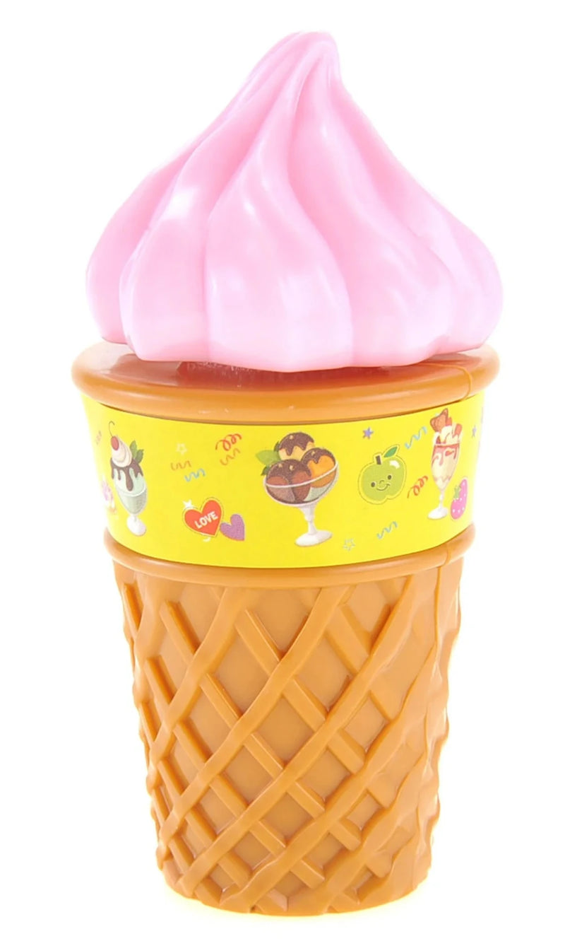 Toy ice cream cone with pink scoop and decorative wrapper, part of kids' play food set.