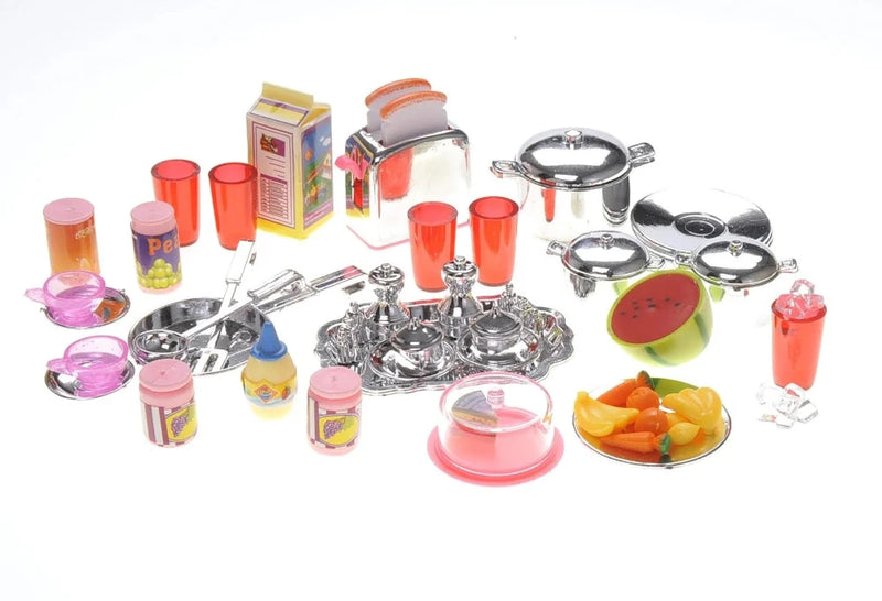 Toy kitchen accessories including utensils, food items, and play pots.