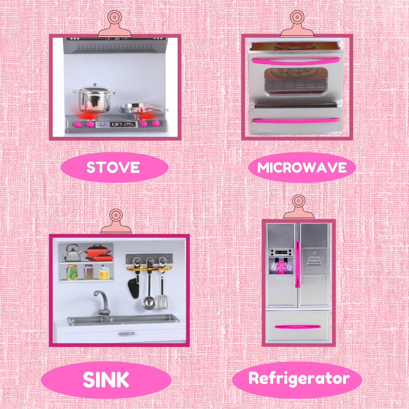 Close-up of toy kitchen appliances including stove, microwave, sink, and refrigerator