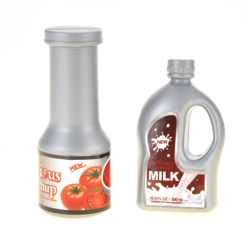 Toy kitchen condiment bottles for pretend ketchup and milk.