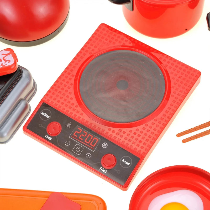 Realistic toy electric stove in red for children’s cooking pretend play