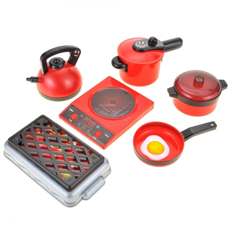 Toy kitchen playset with stove, grill, and realistic frying pan with egg