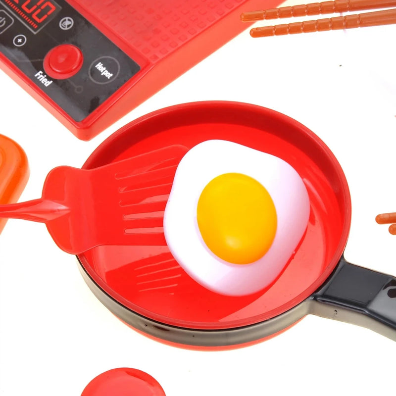 Fried egg in toy frying pan, part of kids' kitchen playset for pretend cooking