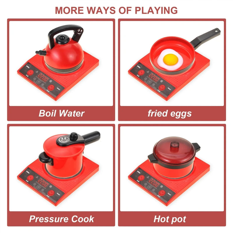 Toy kitchen set displaying kettle on stove with 'Boil Water' function