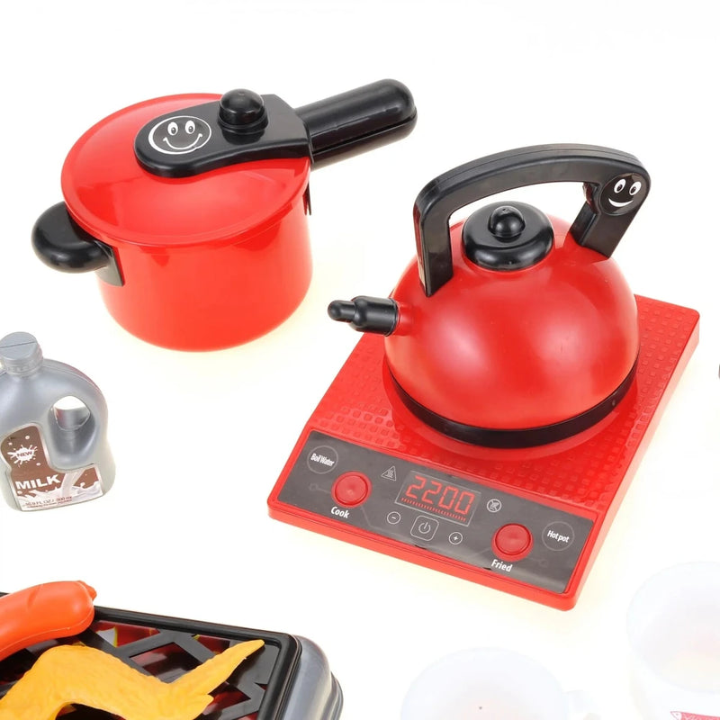 Toy kitchen set hot pot on stove showing 'Hot Pot' cooking option.