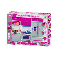 Packaging of My Modern Kitchen Playset for kids, showcasing the kitchen toys and accessories included in the set