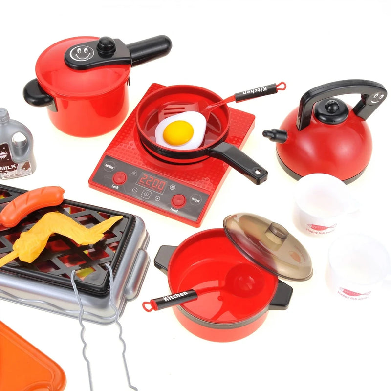 Toy kitchen set pressure cooker on stove for 'Pressure Cook' function.