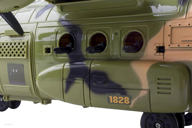 Close-up of toy military aircraft showcasing side-mounted guns and camouflage paint - a detailed military plane toy for kids